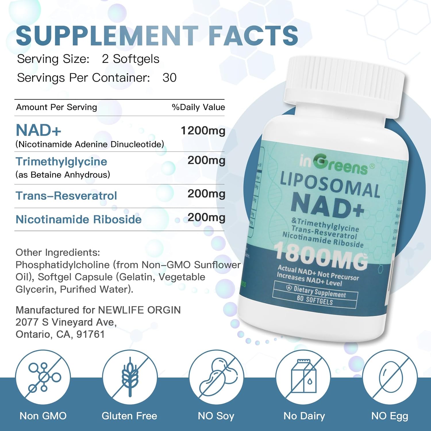 Liposomal NAD+ Supplement 1800 mg with Nicotinamide Riboside, Trans-Resveratrol & Trimethylglycine – NAD+ Nutrient Support Formula, High-Potency Liposomal Softgels