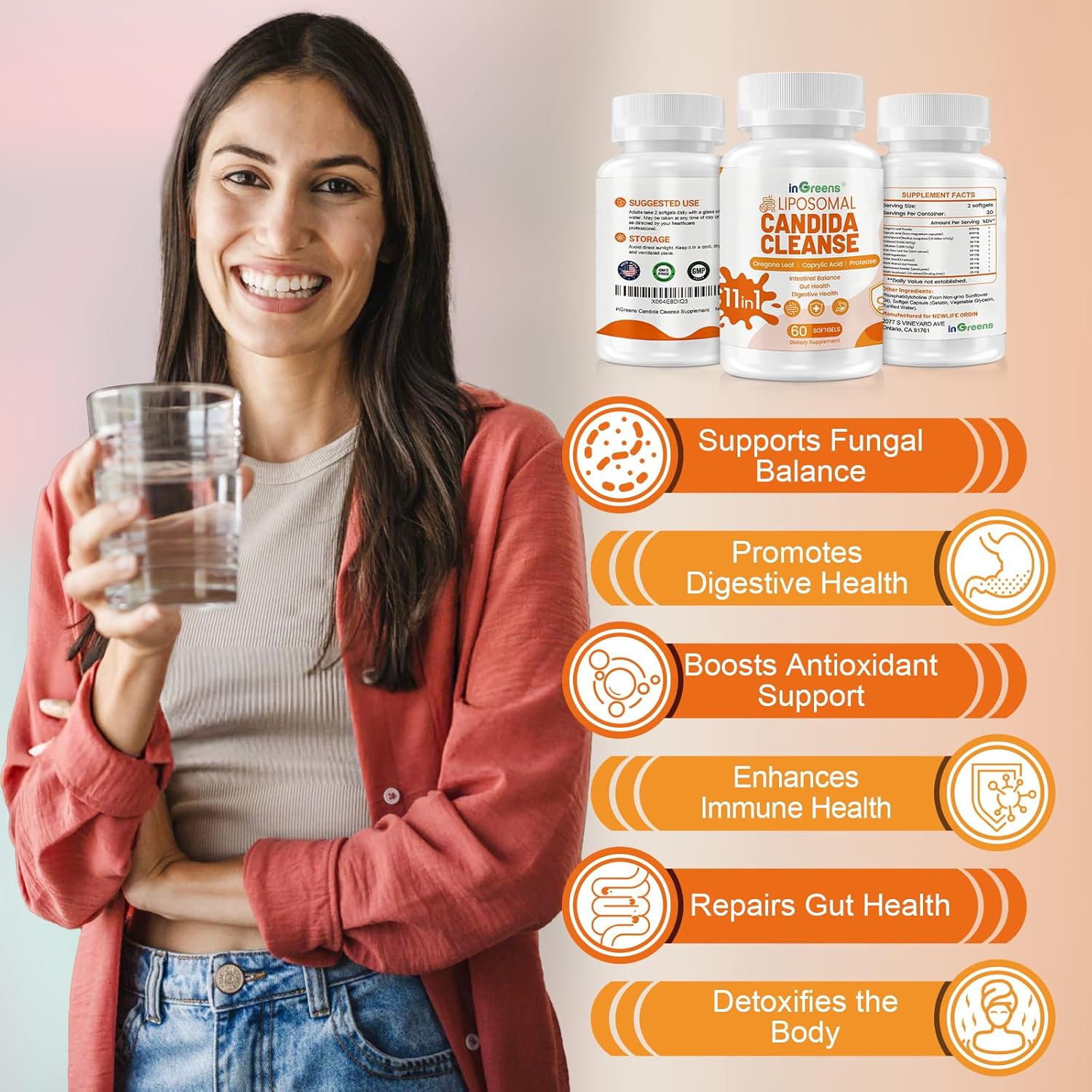 11-in-1 Candida Support Supplement, Antifungal Overgrowth, Intestinal Detox & Gut Health for Women & Men, Balance Probiotic, Natural Herbal Oregano & Caprylic Acid Softgels, 60 Count