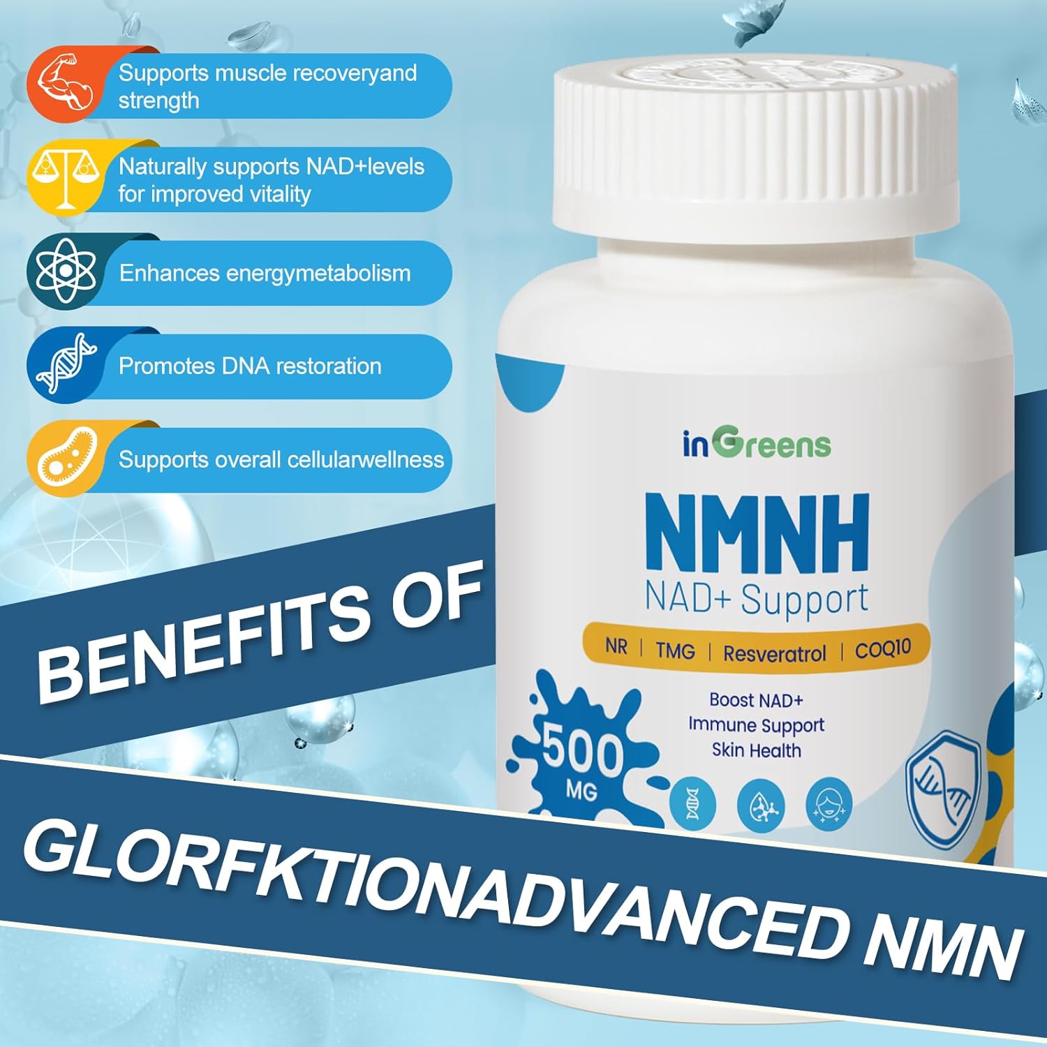 500mg NMNH, NMN Supplement Alternative with NR, TMG, Resveratrol, COQ10, NAD Supplement, Anti Aging, Energy, Boost NAD+ Levels
