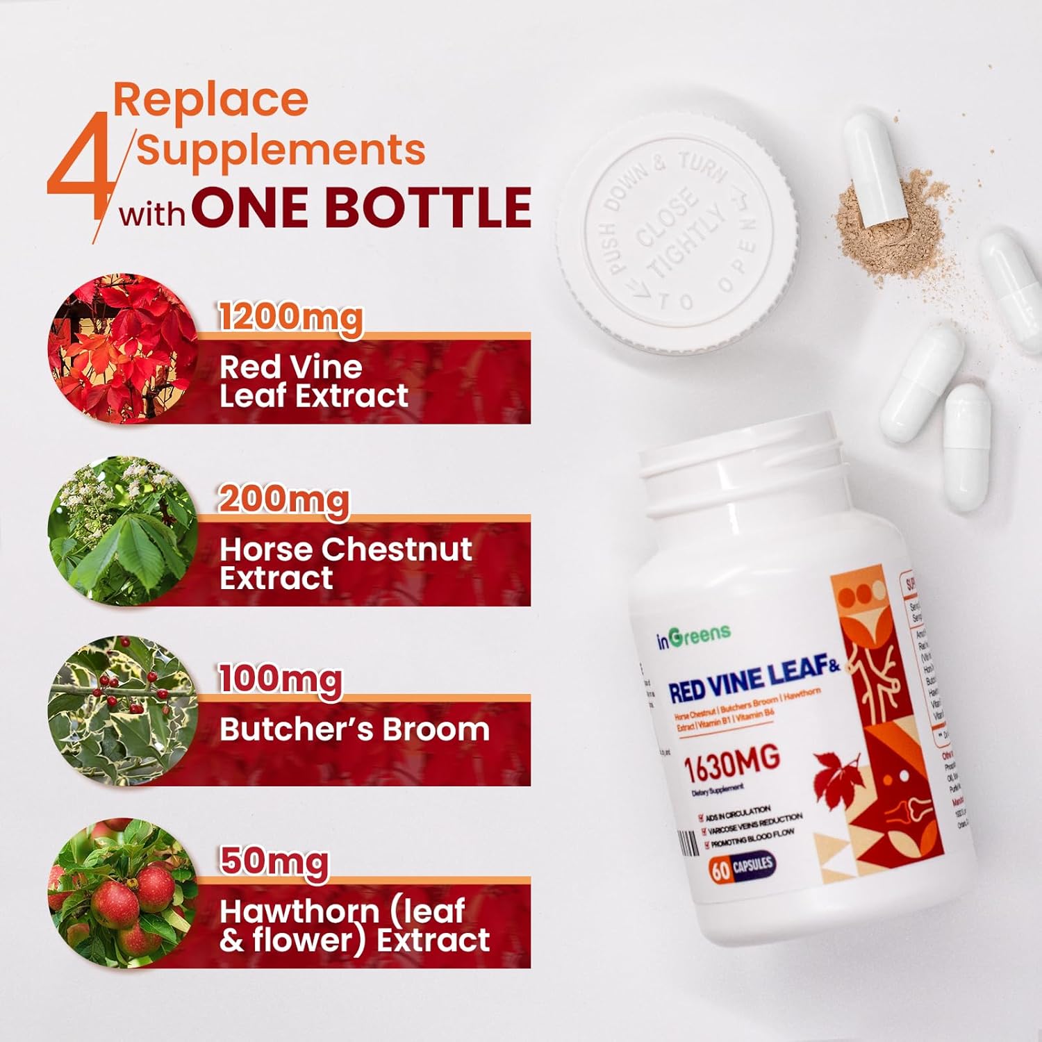 1630mg Red Vine Leaf Extract with Horse Chestnut, Butcher’s Broom, Hawthorn Supplement for Varicose Veins, Leg, Circulation, Heart, Skin, Support for Heart Health