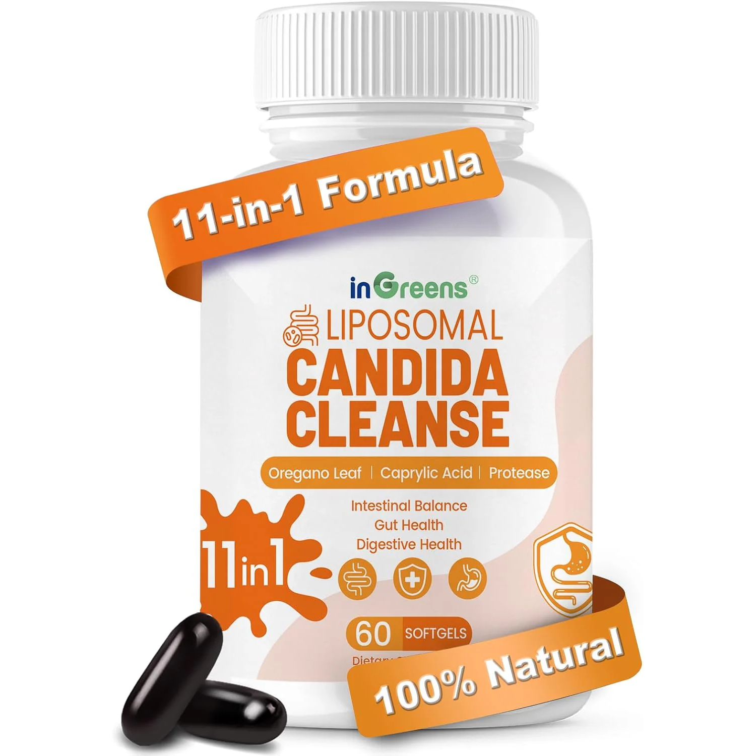11-in-1 Candida Support Supplement, Antifungal Overgrowth, Intestinal Detox & Gut Health for Women & Men, Balance Probiotic, Natural Herbal Oregano & Caprylic Acid Softgels, 60 Count
