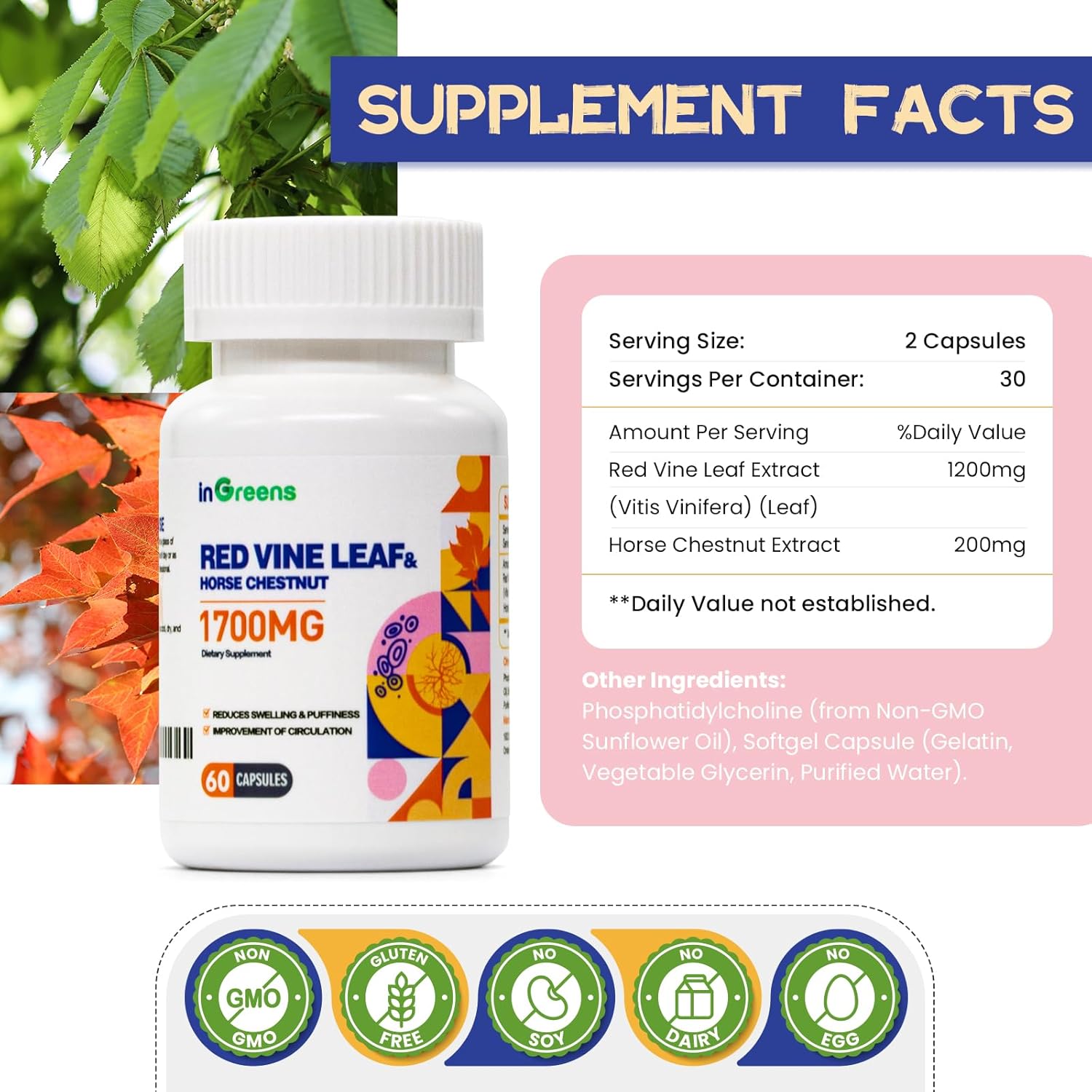 Red Vine Leaf Extract 1700mg & Horse Chestnut Extract Supplements, Supports Vein, Skin Health, Circulation for Legs