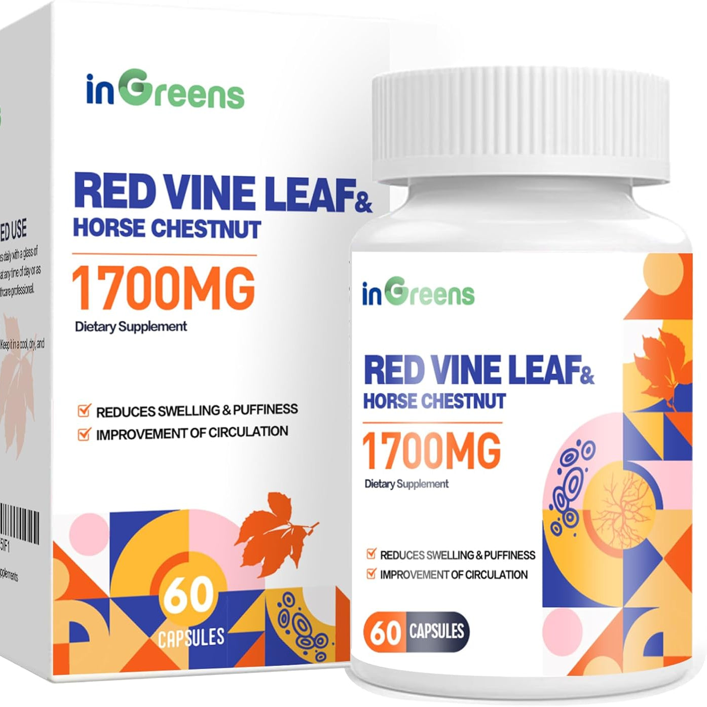 Red Vine Leaf Extract 1700mg & Horse Chestnut Extract Supplements, Supports Vein, Skin Health, Circulation for Legs