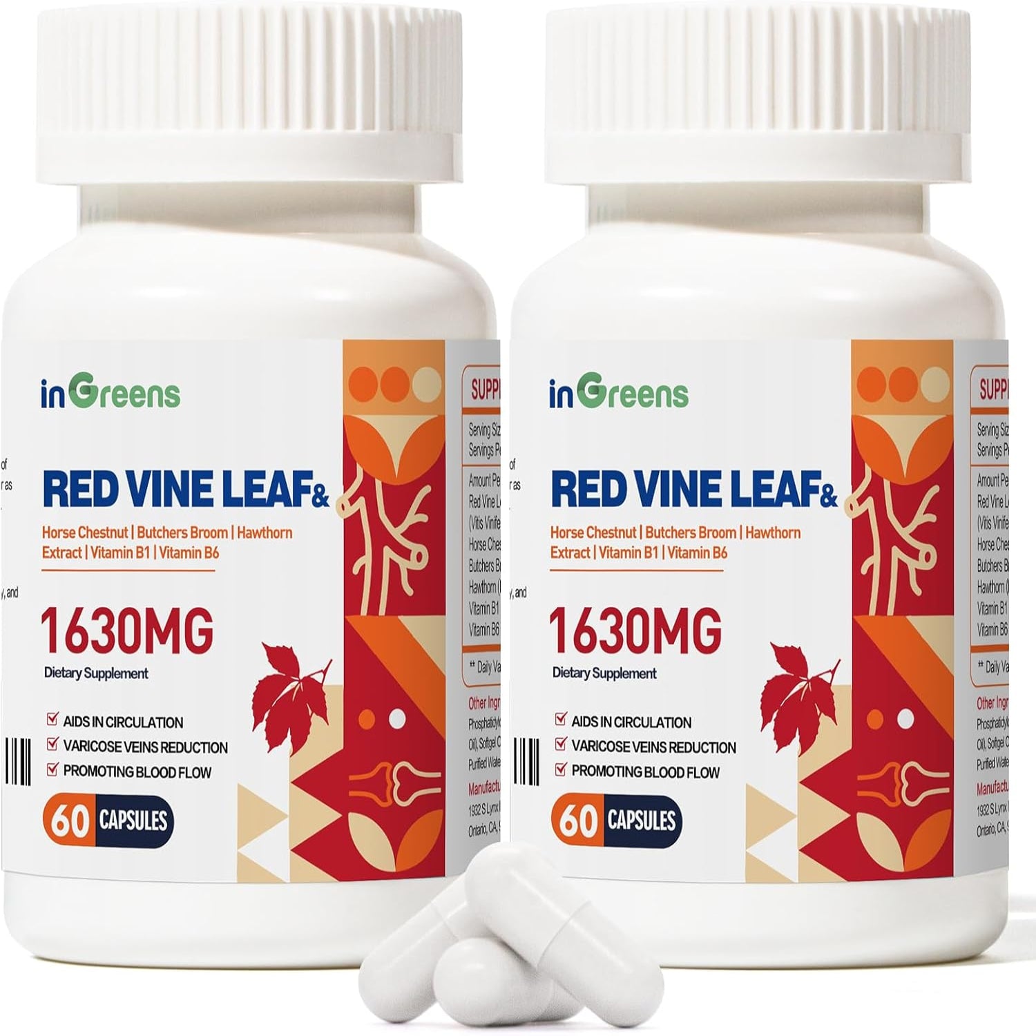 1630mg Red Vine Leaf Extract with Horse Chestnut, Butcher’s Broom, Hawthorn Supplement for Varicose Veins, Leg, Circulation, Heart, Skin, Support for Heart Health