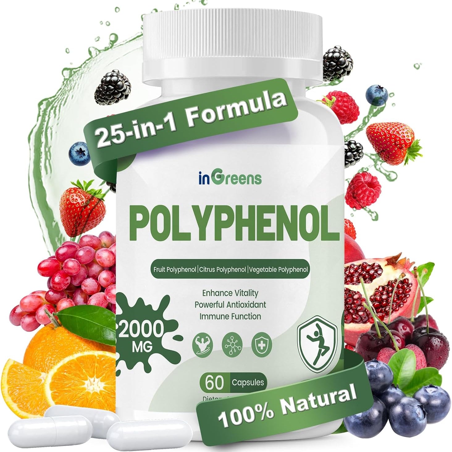 25-in-1 Polyphenols Supplement, 2000MG Powerful Antioxidants & Polyphenol for Age Defense, Polyphenol Superfood, Quercetin, Resveratrol, Plant-Based & Energy, Immune Support