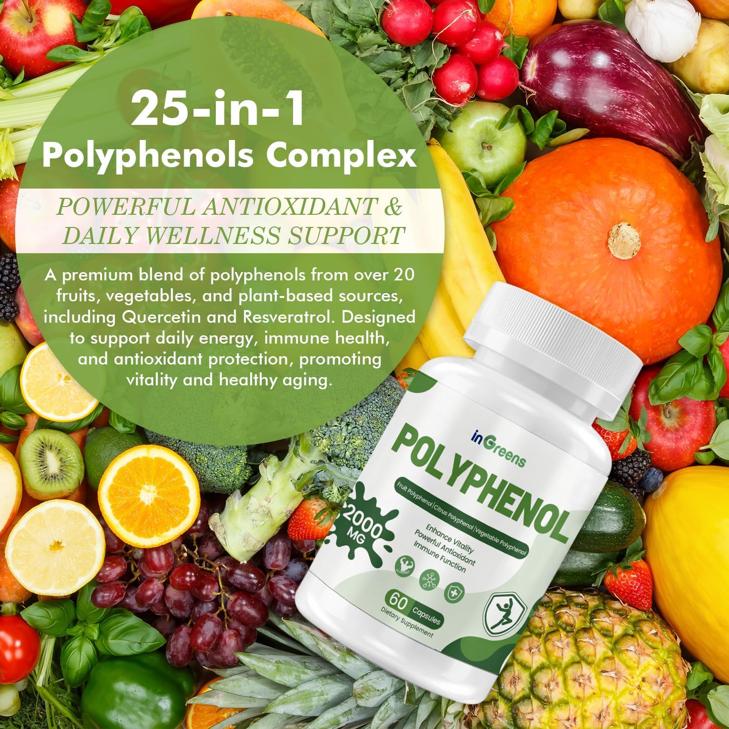 25-in-1 Polyphenols Supplement, 2000MG Powerful Antioxidants & Polyphenol for Age Defense, Polyphenol Superfood, Quercetin, Resveratrol, Plant-Based & Energy, Immune Support
